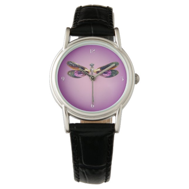 Dragonfly - zilver, goud, paars en zwart horloge (Voorkant)
