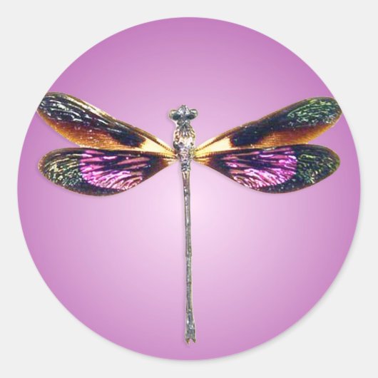 Dragonfly - zilver, goud, paars en zwart ronde sticker (Voorkant)