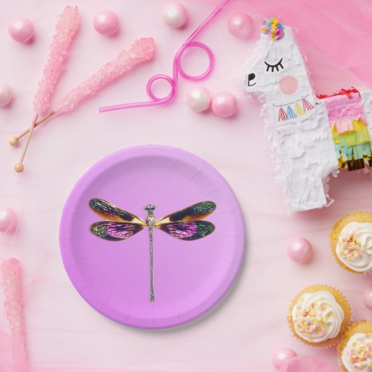 Dragonfly - zilver, goud, paars op violet papieren bordje (Feest)