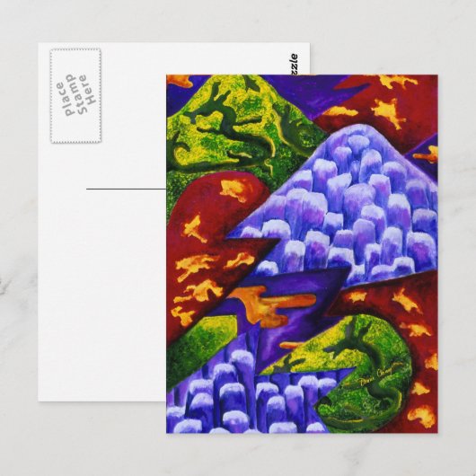 Dragonland, Abstracte groene trekkers, blauwe berg Briefkaart (Voorkant / Achterkant)