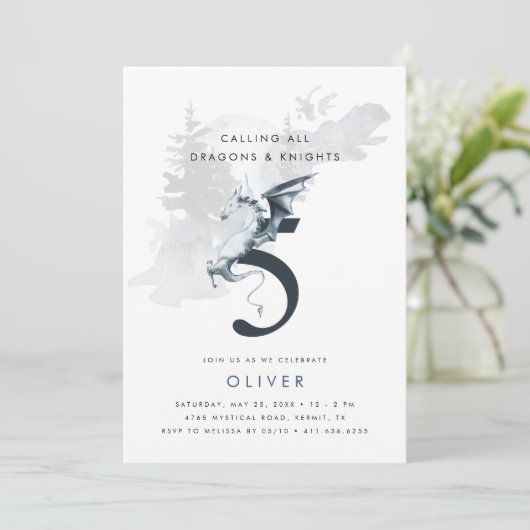 Dragons and Knight Boy Theme 5th Birthday Kaart (Staand voorkant)