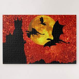 Dragons vliegen, cliff kasteel, volle maan, zonsop legpuzzel