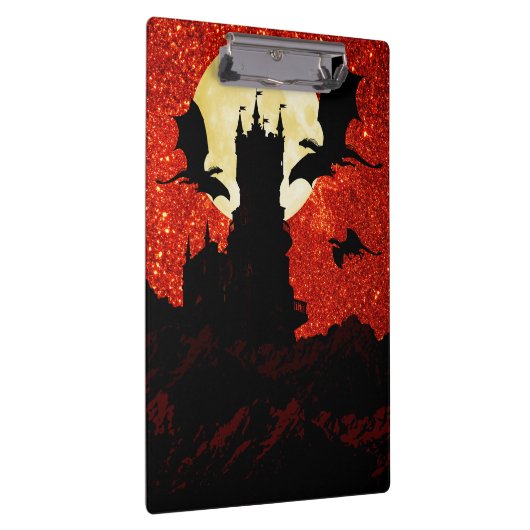 Dragons vliegen, rotskasteel, volle maan, zonsopga klembord (Rechts)