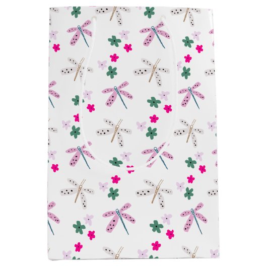 Dragonvliegen en bloemen op wit medium cadeauzakje (Voorkant)