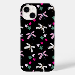 Dragonvliegen en bloemen op zwart Case-Mate iPhone 14 hoesje