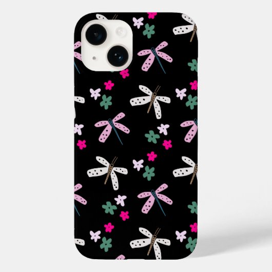 Dragonvliegen en bloemen op zwart Case-Mate iPhone case (Achterkant)
