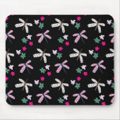 Dragonvliegen en bloemen op zwart muismat (Voorkant)