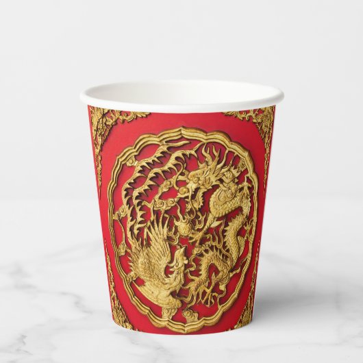 Drake Feng Huang Rode Gouden Chinese Bruiloft Papieren Bekers (Achterkant)