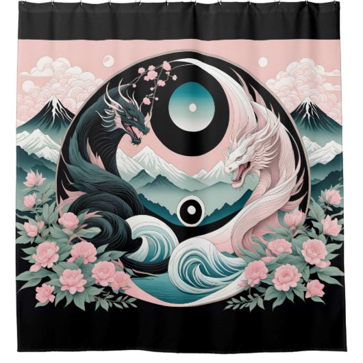 Draken Bloemen Berg Roze Sage Blauwgroen Douchegordijn (Voorkant)