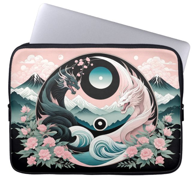 Draken Bloemen Berg Roze Sage Blauwgroen Laptop Sleeve (Voorkant)