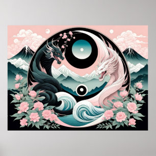 Draken Bloemen Berg Roze Sage Blauwgroen Poster