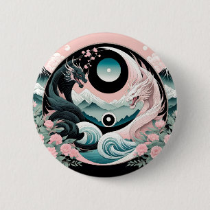 Draken Bloemen Berg Roze Sage Blauwgroen Ronde Button 5,7 Cm
