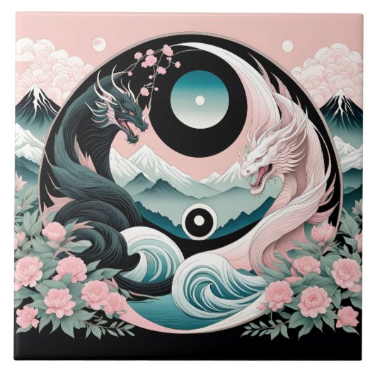 Draken Bloemen Berg Roze Sage Blauwgroen Tegeltje (Voorkant)