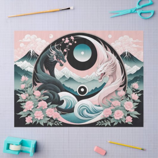 Draken Bloemen Berg Roze Sage Blauwgroen Tissuepapier (Craft)