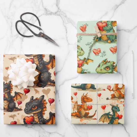 Draken houden harten Valentijnsdag Inpakpapier Vel (Voorkant)