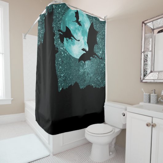 Draken vliegen, dageraad berg klif kasteel / maan douchegordijn (In situ)