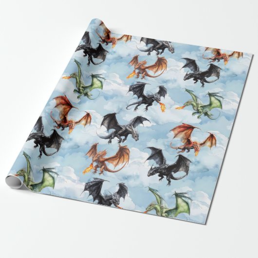 Draken vliegen in de wolken cadeaupapier (Uitgerold)