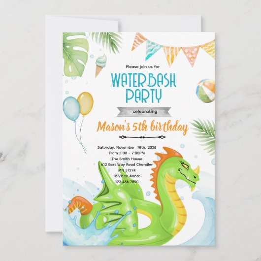 Draken zwembadfeest thema uitnodiging (Voorkant)