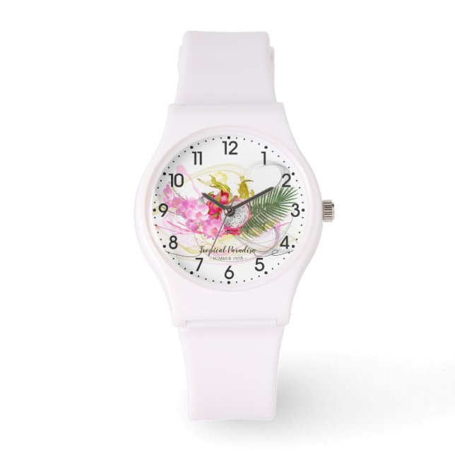 Drakenfruit en roze orchidee tropische kalligrafie horloge (Voorkant)