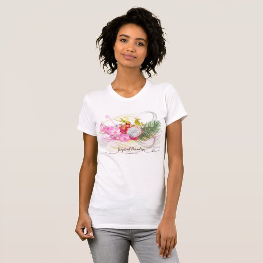 Drakenfruit en roze orchidee tropische kalligrafie t-shirt (Voorkant volledig)