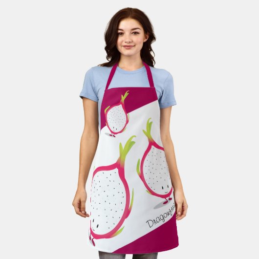 Drakenfruit Roze Wit Glimlachende Cartoon Eten Schort (Gedragen)