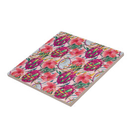 Drakenfruit Tropisch Bloemend Modern Groen Palm Tegeltje