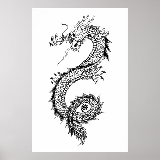 Drakenillustratie met Dragon Kanji 竜 Poster (Voorkant)