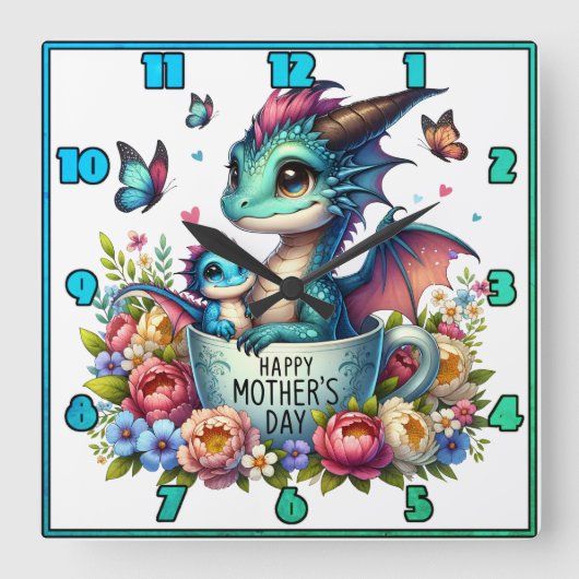 Drakenmoeder: Pup, Bloemen, Moederdag Vierkante Klok (Voorkant)