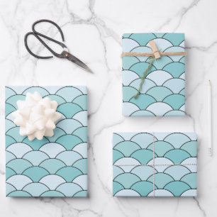 Drakenschubben, waaier, golven, Seigaiha, Blauw Inpakpapier Vel