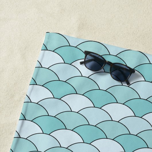 Drakenschubben, waaier, golven, Seigaiha, blauw Strandlaken (In situ)