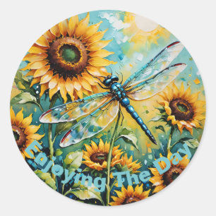  drakenvlieg, drakenvlieg en zonnebloem, ronde sticker