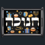 Dramatic Black Hebrew Hanukkah Menorah & Donuts Dienblad<br><div class="desc">Heldere kleurrijke Hanoekaelementen op een dramatische zwarte achtergrond met een glanzend zwart lijst zullen de ontvanger ontLICHTEN. Maak iemands Vakantie duidelijk.. met dit gedurfde ontwerp. Het is de perfecte manier om een feestelijke Hanukkah/Chanukah-tafel te vestigen. Een geweldige plek voor die donuts! Whimsical-kleurrijke Chanoekelementen — waaronder Jelly Donuts, Dreidels, Wrapped Gifts,...</div>