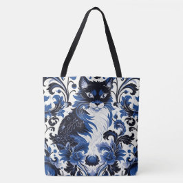 Dramatic Blue Art Deco Cat Large Shoulder Tote Bag