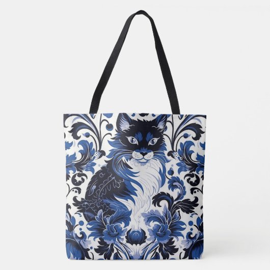 Dramatic Blue Art Deco Cat Large Shoulder Tote Bag (Voorkant)