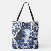 Dramatic Blue Art Deco Cat Large Shoulder Tote Bag (Achterkant)