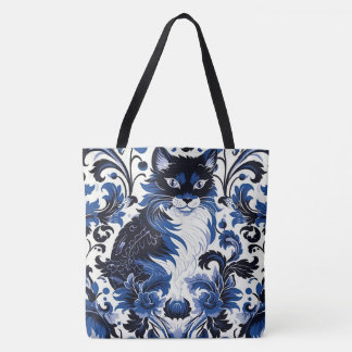 Dramatic Blue Art Deco Cat Large Shoulder Tote Tote Bag
