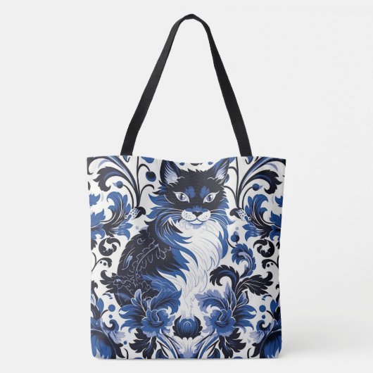 Dramatic Blue Art Deco Cat Large Shoulder Tote Tote Bag (Achterkant)