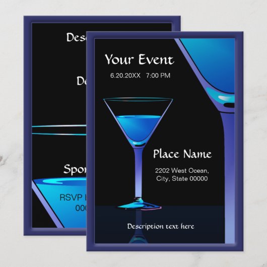 Dramatic Blue Martini Cocktails Invitation Kaart (Voorkant / Achterkant)