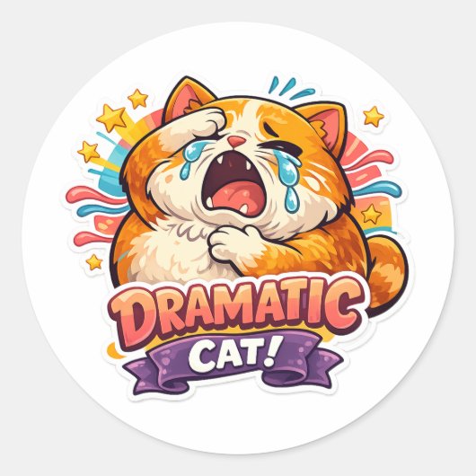 Dramatic Cat Funny Crying Cartoon Art Reaction Ronde Sticker (Voorkant)
