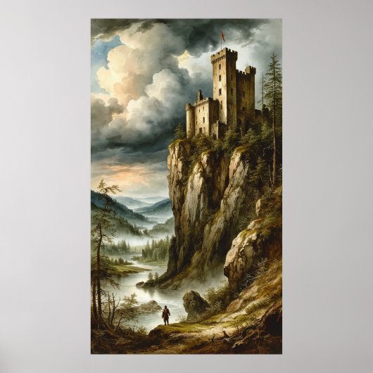 🏰🌫️ Dramatic Medieval Cliff Castle Stormscape 🌄 Poster (Voorkant)