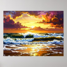 Dramatic Ocean Waves on the Beach Sunset Art