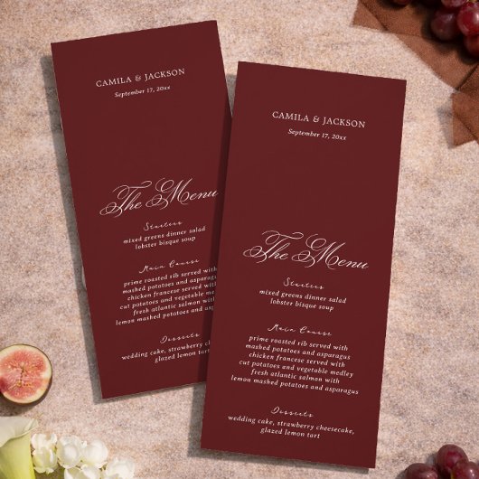 Dramatic Opera Burgundy Wedding Menu Card Kaart