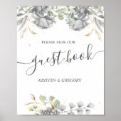 dramatic silver floral Wedding guest book Poster (Voorkant)