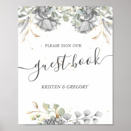 dramatic silver floral Wedding guest book Poster