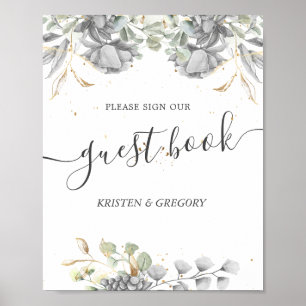 dramatic silver floral Wedding guest book Poster