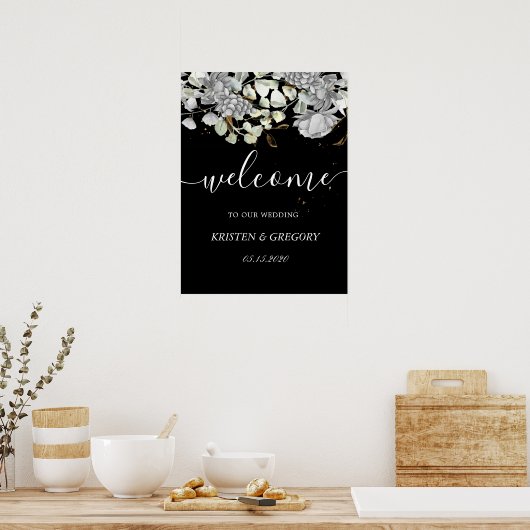 dramatic silver gold floral Wedding Welcome Poster (Keuken)