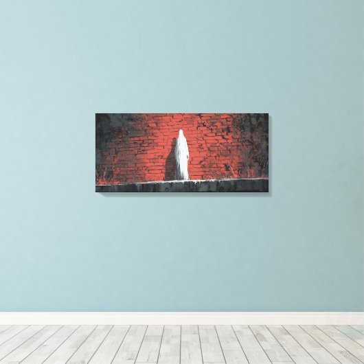 Dramatic White Ghost Figure Red Brick Wall Panoram Canvas Afdruk (Insitu (Houten vloer))