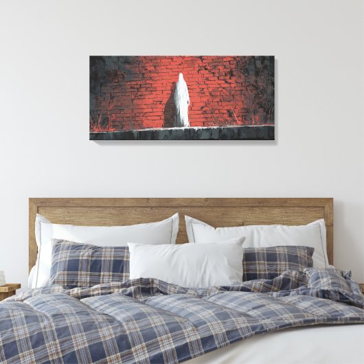 Dramatic White Ghost Figure Red Brick Wall Panoram Canvas Afdruk (Insitu (Slaapkamer))