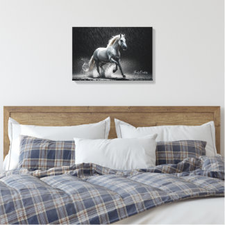 Dramatic White Horse Galloping in Rain Canvas Afdruk