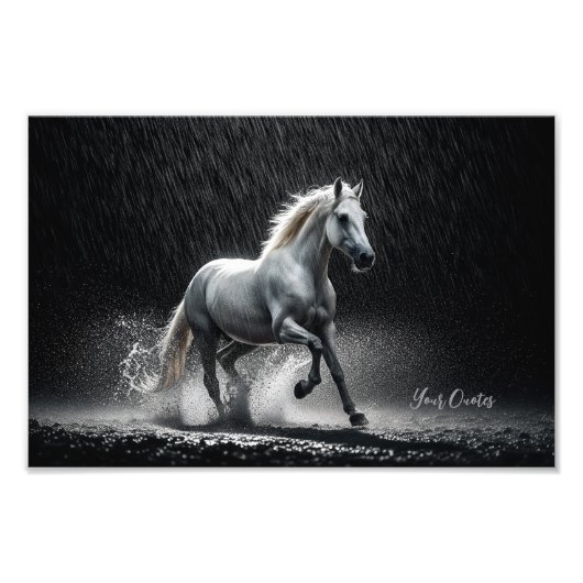 Dramatic White Horse Galloping in Rain Foto Afdruk (Voorkant)